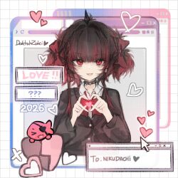  :3 akami_chiyo black_hair black_sweater bow bowtie choker cursor doktahzaki english_text finger_heart four-finger_heart_hands gradient_hair heart heart_hands highres indie_virtual_youtuber multicolored_hair nikudachi_(akami_chiyo) red_bow red_bowtie red_eyes red_hair short_hair spiked_choker spikes sweater virtual_youtuber 