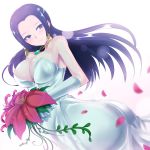  ass bad_id bare_shoulders black_hair blush boa_hancock bouquet breasts bride cleavage dress earrings elbow_gloves flower gloves jewelry kasai_shin large_breasts long_hair necklace one_piece petals purple_eyes simple_background solo strapless_dress violet_eyes wedding_dress 