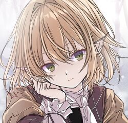  1girl blonde_hair brown_shirt closed_mouth commentary_request expressionless green_eyes hair_between_eyes highres looking_at_viewer medium_hair mimi_(rasy5002) mizuhashi_parsee pointy_ears scarf shirt solo touhou upper_body white_scarf 