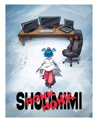 1girl akira_(manga) black_shoes blue_hair border brain chair character_name clenched_hands commentary computer computer_keyboard computer_mouse crack desk english_commentary exposed_brain from_behind full_body gaming_chair hair_rings highres indie_virtual_youtuber jacket laptop long_sleeves monitor poster_parody red_skirt roomimi_(artist) shadow shoes shoomimi short_hair skirt solo swivel_chair virtual_youtuber white_border white_jacket wooden_desk 
