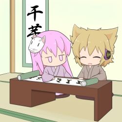  2girls :d ^_^ blonde_hair chibi chibi_only closed_eyes commentary_request earmuffs gomashio_(goma_feet) grey_kimono hata_no_kokoro japanese_clothes jitome kimono long_hair long_sleeves looking_at_another mask mask_on_head multiple_girls no_mouth open_mouth pink_hair pointy_hair scroll short_hair smile table touhou toyosatomimi_no_miko wide_sleeves 