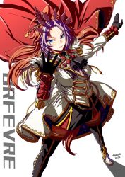  1girl ahoge animal_ears ascot black_ascot black_boots black_gloves black_skirt blue_eyes blush boots breasts cape character_name coat colored_bangs commentary_request ear_covers funaya_sakichi gem gloves green_gem highres horse_ears horse_girl horse_tail jacket large_breasts long_hair long_sleeves multicolored_hair orange_hair orfevre_(control)_(umamusume) orfevre_(umamusume) parted_lips red_cape single_ear_cover skirt tail thigh_boots two-tone_hair umamusume white_coat white_hair 