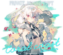  1girl arknights arm_up bare_shoulders bikini black_bikini braid breasts chinese_commentary closed_mouth clothing_cutout commentary_request english_text flower hair_between_eyes hair_flower hair_ornament head_wreath highres long_hair looking_at_viewer navel nomi_tongxue official_alternate_costume petals pointy_ears red_eyes see-through_clothes small_breasts solo swimsuit upper_body very_long_hair warfarin_(arknights) watermark weibo_username weibo_watermark white_flower white_hair 