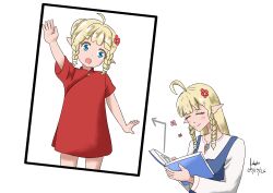  1girl absurdres age_comparison aged_down aged_up ahoge alternate_costume artist_name blonde_hair blue_bodice blue_dress blue_eyes blush bodice book braid child chinese_clothes commentary dress dual_persona elf english_commentary flower flower_ornament hair_flower hair_ornament highres holding holding_book indie_virtual_youtuber long_hair lyydia_(sunako) open_mouth pointy_ears qipao reading red_dress red_flower rekylas shirt short_sleeves signature simple_background smile standing twin_braids twitter_username virtual_youtuber white_background white_shirt 