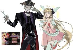  1boy 1girl adapted_costume angel angel_(devilish_hairdresser) angel_(devilish_hairdresser)_(cosplay) angel_and_devil angel_wings arm_belt backlighting bandaged_hand bandages bare_arms bare_shoulders belt belt_buckle black_belt black_bow black_choker black_coat black_shirt blonde_hair bow bowtie braid brown_horns buckle chain_belt choker coat collared_coat commentary_request contrast_lapels cosplay cowboy_shot cross cross_print crown_braid danganronpa_(series) danganronpa_2:_goodbye_despair demon_boy demon_horns devil_(devilish_hairdresser) devil_(devilish_hairdresser)_(cosplay) devilish_hairdresser dress earrings feathered_wings frilled_dress frilled_thighhighs frills fur-trimmed_dress fur_trim green_eyes grey_eyes grey_pants hair_bow halo hand_on_own_head happy head_wings heterochromia high-waist_belt holding holding_scissors horns jewelry juliet_sleeves korean_commentary lapels layered_sleeves leg_up light_blush long_hair long_sidelocks long_sleeves looking_at_another lower_teeth_only mary_janes multiple_belts necklace notched_lapels off-shoulder_dress off_shoulder open_clothes open_coat open_mouth pale_skin pants pink_dress pleated_dress pocket print_shirt puffy_sleeves red_bow red_bowtie red_eyes red_ribbon red_shoes reference_inset ribbon ribbon_legwear saman_zero7 scar scar_across_eye scar_on_face scissors shirt shoes short_dress sidelocks simple_background smile sonia_nevermind sphere_earrings studded_belt studs suit_pants swept_bangs tanaka_gundham teeth thigh-highs thigh_belt thigh_strap too_many too_many_belts traditional_halo two-sided_coat two-sided_fabric upper_teeth_only very_long_hair white_background white_belt white_sleeves white_thighhighs white_wings wings yellow_halo 