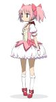  bow bubble_skirt chan_co choker dress gloves hair_bow hair_ribbon kaname_madoka kneehighs magical_girl mahou_shoujo_madoka_magica pink_eyes pink_hair puffy_sleeves ribbon shoes short_hair short_twintails simple_background socks solo standing twintails white_gloves 