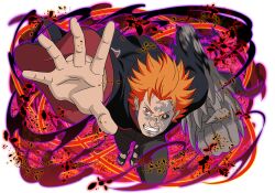 1boy akatsuki_uniform black_coat black_pants black_sclera brown_eyes clenched_hand clenched_teeth coat colored_sclera heterochromia juugo_(naruto) looking_at_viewer naruto_(series) naruto_shippuuden naruto_shippuuden:_ultimate_ninja_blazing official_art orange_hair pants print_coat red_eyes sandals solo teeth transformation 