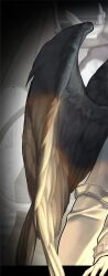  1boy akira_yoru black_wings coat cowboy_shot demon_king_of_salvation feathered_wings kim_dokja male_focus omniscient_reader's_viewpoint open_clothes open_coat out_of_frame outside_border outstretched_arm solo statue white_coat wings 