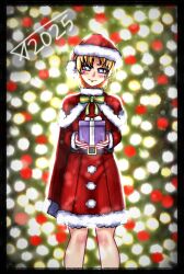  2025 alexander_gusev bad_source belt black_belt blonde_hair blue_eyes blush cape capelet christmas christmas_present dated dress fur-trimmed_cape fur-trimmed_capelet fur-trimmed_collar fur-trimmed_dress fur-trimmed_headwear fur_trim gift hat head-tilt highres holding holding_gift looking_at_viewer red_cape red_capelet red_dress santa_costume santa_dress santa_hat signature smile svinorezka 