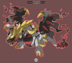  artist_name black_fire black_sclera charizard claws colored_sclera commentary dragon fangs fire flame-tipped_tail full_body fusion giratina giratina_(altered) highres instagram_username mega_charizard_x no_humans open_mouth outline pokemon pokemon_(creature) pokemon_focus red_background red_eyes red_fire red_outline simple_background solo tail twitter_username vimart wings 