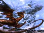  blue_hair dragon fantasy fighting flying long_hair makarori_(noah) mountain original polearm snow spear sphere very_long_hair weapon wings 