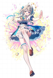  1girl :d ahoge asymmetrical_dress betaro_(honami_azusa) bird black_choker blonde_hair blue_eyes blush braid breasts brown_shoes character_name choker clenched_hand commentary dress explosion explosion_background fighting_stance frilled_thigh_strap full_body grid_background hair_intakes hair_rings hat heterochromia honami_azusa honami_azusa_(1st_costume) large_breasts layered_dress long_hair looking_at_viewer mole mole_under_eye nail_polish name_tag official_artist_extra open_hand open_mouth puffy_short_sleeves puffy_sleeves riichu sailor_hat shoes short_sleeves smile specialite_(company) standing standing_on_one_leg thigh-highs thigh_strap underbust v-shaped_eyebrows violet_eyes virtual_youtuber white_dress white_hat white_thighhighs yellow_bird 