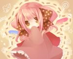  angel_wings bad_id blush bow charlotte_(madoka_magica) chibi covered_mouth dress hair_bow hand_over_mouth hetaling long_sleeves mahou_shoujo_madoka_magica mini_angel_wings mini_wings personification pink_dress pink_hair shin_(hetaling) sleeves_past_wrists solo twintails wings yellow_eyes 
