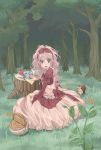  apple basket bird bow dress food forest fruit green_eyes highres long_hair nature open_mouth original pink_hair solo sorao1129 squirrel 