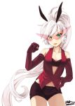  bad_id bunny_ears buttons detached_sleeves glasses gloves hand_on_hip hips kamina_shades lips lipstick long_hair makeup navel open_mouth original ponytail shorts smile solo sunglasses very_long_hair white_hair 