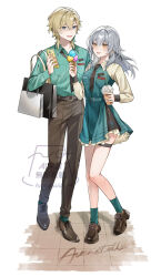  1boy 1girl ankle_socks aventurine_(honkai:_star_rail) aventurine_(honkai:_star_rail)_(cosplay) aventurine_(impression)_(honkai:_star_rail) bag belt black_necktie blonde_hair breasts brown_pants brown_shoes cellphone commentary cosplay cup disposable_cup dress drinking_straw earrings food full_body green_dress green_shirt green_socks grey_hair hand_up haru_str33112 highres holding holding_cup holding_food holding_ice_cream holding_ice_cream_cone holding_phone honkai:_star_rail honkai_(series) ice_cream ice_cream_cone jewelry long_hair long_sleeves medium_breasts multicolored_eyes necktie pairing_name pants phone shirt shoes shopping_bag short_hair simple_background single_earring smartphone smile socks stelle_(honkai:_star_rail) striped_clothes striped_shirt striped_sleeves thigh_strap trailblazer_(honkai:_star_rail) untranslatable_commentary watermark white_background yellow_eyes 