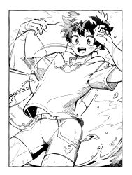  1boy boku_no_hero_academia border cho_mo_futoshi commentary_request contrapposto drawstring fingernails from_below greyscale highres hood hood_down hooded_shirt looking_at_viewer male_focus male_swimwear midoriya_izuku monochrome open_mouth protected_link scar scar_on_arm short_hair smile solo swim_briefs swim_ring water wet white_border 