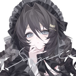  1girl :o black_bonnet black_bow black_shirt bonnet bow brown_hair cat_hair_ornament commission double-parted_bangs frilled_bonnet frilled_shirt frills gothic_lolita grey_eyes hair_between_eyes hair_intakes hair_ornament hand_on_own_chin hand_up highres lolita_fashion long_hair long_sleeves looking_at_viewer mihuashi_commission muyang_de_duya original parted_lips portrait ringlets sample_watermark shirt simple_background solo watermark white_background 