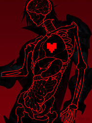  1other absurdres anatomy bone brain commentary deltarune english_commentary heart highres intestines kris_(dark_world)_(deltarune) kris_(deltarune) liver looking_at_viewer lungs organs other_focus pixel_heart red_background red_eyes red_soul_(utdr) ribs riotcub see-through_body signature simple_background skeleton skull soul_(character)_(deltarune) soul_(utdr) stomach_(organ) utdr_(toby_fox) x-ray 