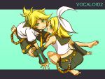  blonde_hair bow detached_sleeves face feet from_above green_eyes hair_bow kagamine_len kagamine_rin looking_up siblings sitting tamtam twins vocaloid wariza 