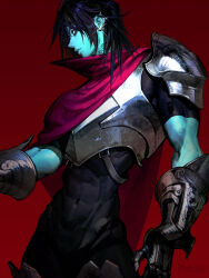  1other abs absurdres androgynous armor biceps black_bodysuit black_hair black_unitard blue_skin bodysuit cape colored_skin commentary covered_abs covered_navel delta_rune_(symbol) deltarune earrings english_commentary gauntlets hair_between_eyes highres jewelry kris_(dark_world)_(deltarune) kris_(deltarune) looking_at_viewer medium_hair muscular neck_tattoo other_focus pink_cape red_background red_eyes riotcub shoulder_armor signature simple_background single_earring skin_tight sleeveless sleeveless_bodysuit tattoo tight_clothes unitard utdr_(toby_fox) 