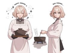  1girl absurdres apron azur_lane blank_eyes blonde_hair blush brown_eyes commentary_request cooking_pot false_smile highres jewelry looking_at_viewer multicolored_hair open_mouth oven_mitts red_streaks ring roon_(azur_lane) short_hair simple_background smile sparkle stove streaked_hair wedding_ring white_apron white_background yomare 