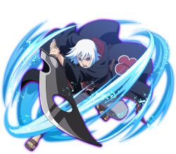  1boy akatsuki_uniform black_coat coat grey_hair grey_pants holding holding_sword holding_weapon hoozuki_mangetsu huge_weapon looking_at_viewer naruto_(series) naruto_shippuuden:_ultimate_ninja_blazing official_art open_mouth pants print_coat sandals sharp_teeth sword teeth violet_eyes weapon 