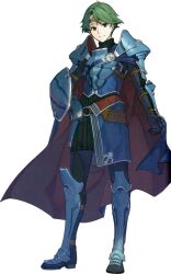  1boy alm_(fire_emblem) arm_armor armor blue_armor blue_gloves fire_emblem fire_emblem_echoes:_shadows_of_valentia full_body gloves green_eyes green_hair hidari_(left_side) leg_armor long_sleeves looking_at_viewer official_art short_hair shoulder_armor smile solo transparent_background turtleneck 