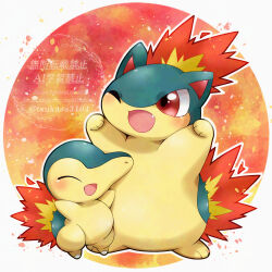  closed_eyes commentary_request cyndaquil fang fire full_body highres no_humans one_eye_closed open_mouth outline pokemon pokemon_(creature) quilava tsukasa_pika watermark white_outline 
