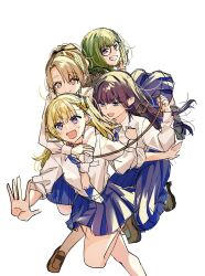  4girls :d blonde_hair blue_eyes blue_necktie blue_skirt chiyoko_hanamura closed_mouth collar commentary_request full_body green_hair grin harem highres holding holding_leash leash long_hair long_skirt looking_at_another mimoto_(aszxdfcv) miniskirt multiple_girls necktie open_mouth pink_eyes pleated_skirt ponytail purple_hair red_collar sakura_sakine school_uniform shirt short_hair simple_background sketch skirt smile straight_hair violet_eyes white_background white_shirt yukishiro_mafuyu_(yuri_no_hajimari_wa_dorei_kara) yuri yuri_no_hajimari_wa_dorei_kara 