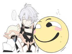  ... 1boy antenna_hair armor artist_name belt black_belt black_choker black_eyes black_shirt blush_stickers chest_belt choker closed_eyes closed_mouth coat collarbone collared_shirt commentary_request hair_between_eyes high_collar honkai:_star_rail honkai_(series) long_sleeves looking_at_another male_focus mp80337393 neck_tattoo phainon_(honkai:_star_rail) shirt short_hair shoulder_armor simple_background smile speech_bubble spoken_ellipsis sun_symbol sun_tattoo sweatdrop tattoo upper_body white_background white_coat white_hair 