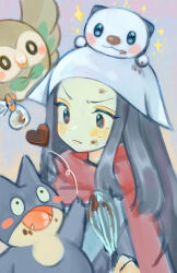  1girl absurdres akari_(pokemon) bag bird black_hair blush blush_stickers candy chocolate chocolate_on_clothes chocolate_on_face chocolate_on_head closed_mouth commentary creature_on_head fangs food food_on_face furrowed_brow galaxy_team_survey_corps_uniform grey_background grey_eyes grey_kimono headscarf heart heart-shaped_chocolate heart-shaped_food highres holding holding_whisk japanese_clothes kaeh_12 kimono korean_commentary light_frown long_hair munchlax open_mouth oshawott owl plastic_bag pokemon pokemon_(creature) pokemon_legends:_arceus red_scarf rowlet scarf sidelocks sparkle sweatdrop throwing throwing_food upper_body v-shaped_eyebrows whisk white_headscarf 