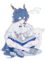  1boy :o aged_down animal_ears arknights black_hair black_shorts brown_shoes cello commentary czerny_(arknights) ebenholz_(arknights) goat goat_boy goat_ears goat_horns highres horns indian_style instrument kreide_(arknights) leyuanzhuifang loafers long_hair long_sleeves male_focus monocle one_eye_closed orange_hair outline playing_with_own_hair pop-up_book shoes shorts simple_background sitting socks speech_bubble untranslatable_commentary very_long_hair violet_eyes white_background white_hair white_socks 