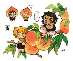  >_< ... 2boys agatsuma_zenitsu bad_id bad_twitter_id black_hair black_pants black_shirt blonde_hair blush_stickers brown_sandals character_request chibi chibi_only closed_eyes closed_mouth flying_sweatdrops food fruit full_body green_eyes kimetsu_no_yaiba leaf long_sleeves looking_at_viewer male_focus multiple_boys multiple_views open_mouth pants peach sandals shirt short_hair signature simple_background sitting sitting_on_branch speech_bubble spoken_ellipsis tears white_background white_pants yellow_eyes yellow_shirt zettai_22 