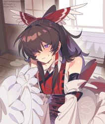  2girls alternate_costume bare_shoulders biting_own_lip blush bow brown_hair commentary_request dated detached_sleeves eyes_visible_through_hair frilled_bow frilled_hair_tubes frills hair_intakes hair_tubes hakurei_reimu hand_on_another's_chin heavy_breathing highres indoors kneeling long_hair multiple_girls pov pov_hands red_bow red_tabard shouji signature sliding_doors slit_pupils sweat tabard touhou twitter_username violet_eyes watermark yakumo_yukari yuri zocehuy 