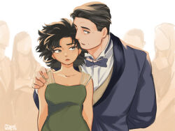  1boy 1girl 4others black_eyes black_hair blue_bow blue_bowtie bow bowtie commentary_request dated dress freckles green_dress hand_on_another's_shoulder highres hoppers_(pixar) jerry_generazzo ksyjkysk mabel_tanaka multiple_others sweat 