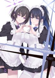  2girls apron black_dress black_hair blue_archive blue_eyes blue_hair braid breast_press breasts colored_inner_hair commentary_request cover cover_page doujin_cover dress enmaided frilled_apron frills halo heart heart_hands heart_hands_duo highres large_breasts long_hair looking_at_viewer maid maid_apron maid_headdress multicolored_hair multiple_girls purple_halo rokuwata_tomoe saori_(blue_archive) short_braid short_hair subaru_(blue_archive) symmetrical_docking violet_eyes waist_apron white_apron 