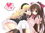  ageha_(artist) agekichi_(heart_shape) all_fours alternate_costume black_dress black_legwear blonde_hair blue_eyes bow brown_eyes brown_hair contemporary dress gothic_lolita hair_bow hairband hakurei_reimu heart kirisame_marisa lolita_fashion multiple_girls no_hat no_headwear pink_dress ponytail sitting thighhighs touhou upskirt white_legwear 