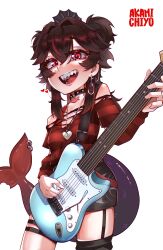  1girl absurdres akami_chiyo black_choker black_hair bra_strap character_name choker electric_guitar fins fish_girl fish_hook_earrings fish_tail guitar heart heart_pendant highres indie_virtual_youtuber instrument lavacaelegante pencil_skirt piercing red_eyes sharp_teeth short_hair skirt solo spiked_choker spikes sweater tail tail_ornament tail_piercing teeth thigh_strap tongue torn_clothes torn_sweater virtual_youtuber white_background 