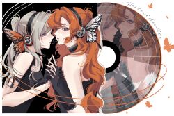  2girls absurdres alternate_costume alternate_hairstyle bare_shoulders black_gloves butterfly_wings chinese_commentary commentary_request face-to-face fingerless_gloves from_side gloves green_eyes grey_hair headset highres holding_hands insect_wings interlocked_fingers long_hair looking_at_viewer magnet_(vocaloid) multiple_girls orange_hair ponytail profile reverse:1999 shirt sleeveless sleeveless_shirt sonetto_(reverse:1999) two_side_up upper_body vertin_(reverse:1999) vinyl_record white_background wings yumiao_qingjian 