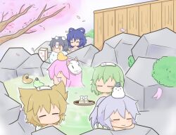  6+girls animal_on_head bathing bird bird_on_head blonde_hair blue_hair cat_mask cherry_blossoms chibi chibi_only closed_eyes commentary_request gomashio_(goma_feet) green_hair grey_hair hata_no_kokoro jitome kaku_seiga long_hair mask mask_on_head miyako_yoshika mononobe_no_futo multiple_girls no_mouth ofuda ofuda_on_head on_head onsen pink_eyes pointy_hair rock short_hair smile soap_bubbles soga_no_tojiko touhou towel towel_on_head toyosatomimi_no_miko |_| 
