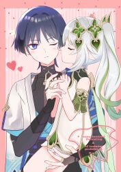  1boy 1girl animal_print armlet armor belt bird_print black_belt black_bodysuit black_bow black_bridal_gauntlets black_hair black_shorts bloomers blue_cape blue_kimono blue_sleeves blunt_ends blush bodysuit border bow bridal_gauntlets bright_pupils cape carrying child_carry closed_eyes closed_mouth commentary_request couple covered_collarbone detached_sleeves dress eyelashes facing_another food fruit furisode genshin_impact gold_armlet gold_ring gold_trim green_cape green_hair green_sleeves hair_intakes hair_ornament hand_on_another's_thigh heart heart_hair_ornament hetero highres japanese_armor japanese_clothes jewelry juban kimono kote kurokote layered_sleeves long_hair looking_at_viewer mandarin_collar middle_ring multicolored_hair nahida_(genshin_impact) one_eye_closed open_clothes open_kimono pink_background pink_border pointy_ears purple_rope purple_sash rope sash scaramouche_(genshin_impact) short_dress short_sleeves shorts shoulder_peek side_cape side_ponytail sidelocks split_mouth strawberry streaked_hair striped_background tsurime tyashibu_dega violet_eyes wanderer_(genshin_impact) watermark white_bloomers white_dress white_hair white_kimono white_pupils white_sleeves white_trim wispy_bangs wolf_cut 