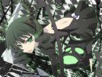  checkered checkered_background dead_master dress glowing glowing_eyes green_eyes green_hair horns koumei_(artist) perspective scythe skull solo tongue 