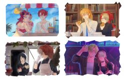 1girl 4boys :d absurdres apron artist_name backlighting bags_under_eyes bendy_straw black_hoodie black_jacket black_shirt blue_necktie blush bookshelf border breasts brown_eyes buroko404 cleaning collage collarbone collared_shirt colored_bangs commentary covering_own_mouth crew_neck crossed_arms cup cup_stack degrees_of_lewdity disposable_cup dot_nose double-parted_bangs drawstring drinking_glass drinking_straw duster eating eyewear_on_head faucet feather_hair_ornament feathers flask flower food food_on_face food_packaging food_stand freckles from_behind fruit garlic glass_bottle glasses gloves green_eyes grey_eyes hair_flower hair_ornament hair_over_one_eye hand_on_another's_shoulder hand_on_mask hand_on_own_cheek hand_on_own_face heart heart-shaped_eyewear high_ponytail highres holding holding_cup holding_duster holding_food holding_phone hood hood_down hoodie indoors jacket kylar_(degrees_of_lewdity) kylar_(male)_(degrees_of_lewdity) leaning_on_table lemon lemonade long_hair long_sidelocks long_sleeves looking_at_another looking_at_phone looking_at_viewer looking_back looking_up lower_teeth_only mask median_furrow medium_breasts mouth_mask multiple_boys necktie nervous_sweating one_eye_covered original outdoors palm_tree parted_bangs phone pie player_character_(degrees_of_lewdity) player_character_(female)_(degrees_of_lewdity) ponytail raised_eyebrows red-framed_eyewear red_hair retort_stand robin_(degrees_of_lewdity) robin_(male)_(degrees_of_lewdity) round-bottom_flask shirt short_hair short_sleeves sidelocks simple_bird sleeves_rolled_up smile surgical_mask sweat swimsuit sydney_(degrees_of_lewdity) sydney_(male)_(degrees_of_lewdity) teeth towel tree upper_body vase very_short_hair white_apron white_border white_gloves white_shirt whitney_(degrees_of_lewdity) whitney_(male)_(degrees_of_lewdity) window work_gloves 
