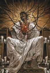  1boy absurdres arm_rest black_hair commentary_request dark-skinned_male dark_skin emaciated emperor_of_mankind full_body highres juanmao male_focus robe sitting solo warhammer_40k white_robe 