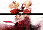  bad_id blindfold blonde_hair closed_eyes coat dress eyes_closed hair_ribbon horns pixiv_fantasia pixiv_fantasia_5 red_coat red_dress red_eyes ribbon shell_(pixiv) smile twintails 
