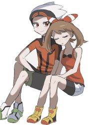  1boy 1girl beanie bike_shorts bike_shorts_under_shorts bow_hairband brendan_(pokemon) brown_hair closed_eyes closed_mouth commentary_request ddakji_0025 eyelashes hairband hat highres invisible_chair knees korean_commentary may_(pokemon) pokemon pokemon_omega_ruby_and_alpha_sapphire red_shirt shirt shoes short_sleeves shorts sitting sleeping sleeveless sleeveless_shirt smile white_background white_shoes yellow_shoes 