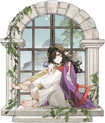  1girl alansi_(callsign:_cedar) barefoot black_hair blush bug butterfly callsign:_cedar closed_mouth dress game_asset hair_over_one_eye harp highres instrument jewelry long_dress long_hair long_sleeves looking_at_viewer mole mole_under_eye official_art overgrown pointy_ears red_eyes sitting smile solo third-party_source toe_ring white_dress windowsill 