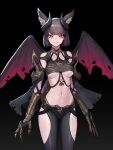  1girl absurdres animal_ear_fluff animal_ears armor biting black_background black_pants black_shirt breasts brown_hair claws clothing_cutout commentary cowboy_shot crop_top demon_wings eyebrows_visible_through_hair facial_mark gauntlets highres horns lip_biting looking_at_viewer mac_star medium_breasts navel original pants parted_lips red_eyes revealing_clothes shirt short_hair shoulder_armor simple_background solo stomach thigh_cutout torn_wings under_boob wings 