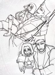 1boy 1girl boots coat couple embarrassed freckles height_difference highres hug hug_from_side kneehighs looking_at_another monochrome on_swing open_mouth original round_eyewear rusizel sketch socks sun_print swing swinging_on_swing 